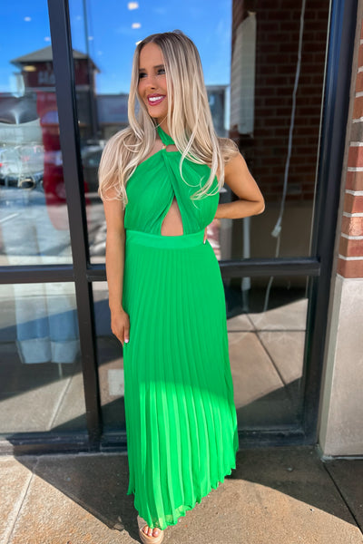 Spring Breeze Halter Pleated Dress Green