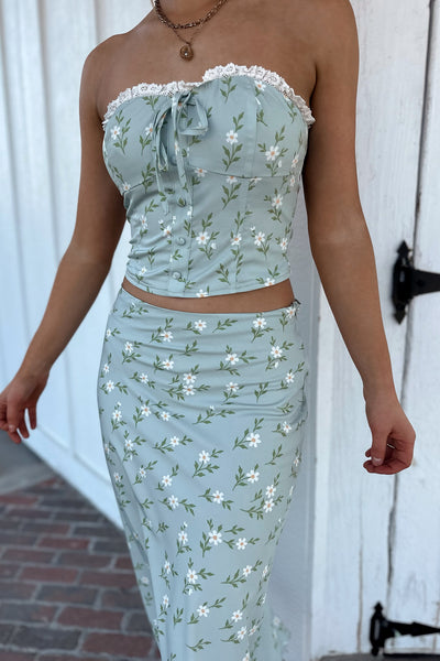 April Floral Lace Trim Top - Sage/White