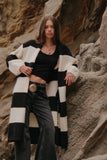 Striped Knit Open-Front Duster Pocket Cardigan: Black-Cream