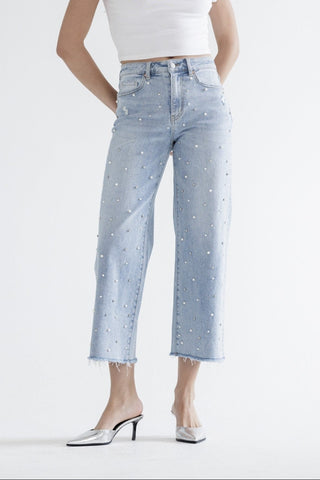 Pearl Embellished Mica High Rise Wide Leg Jeans
