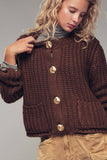 Chunky Gold Button Ribbed Knit Cardigan: Brown