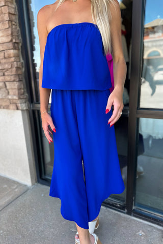 Palm Breeze Strapless Jumpsuit Blue