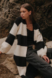 Striped Knit Open-Front Duster Pocket Cardigan: Black-Cream