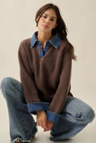 Rib-Knit and Denim Layered-Look Split-neck Collared Sweater: Cream