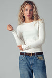 Polished Button Cuff Slim Knit Top: Ivory