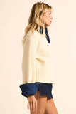 Rib-Knit and Denim Layered-Look Split-neck Collared Sweater: Cream