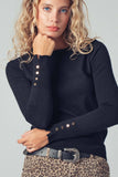 Polished Button Cuff Slim Knit Top: Black