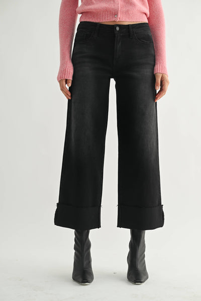 Scissor Cut Cuffed Wide Leg - WASHED BLACK