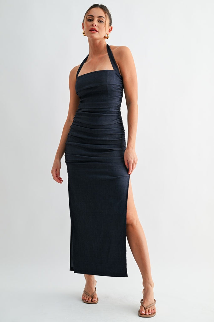 Dallas Dark Denim Halter Dress