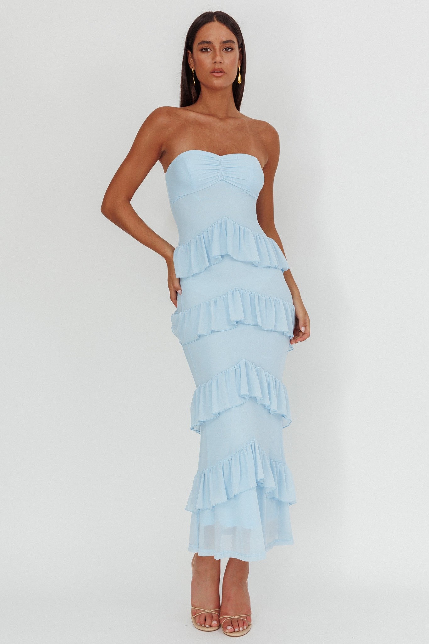 Sweetheart Tiered Maxi Dress- Blue Mesh Sweetheart Tiered Maxi Dress- Blue Mesh