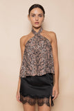 SNAKE ANIMAL PRINT HALTER BUCKLE TOP- BROWN