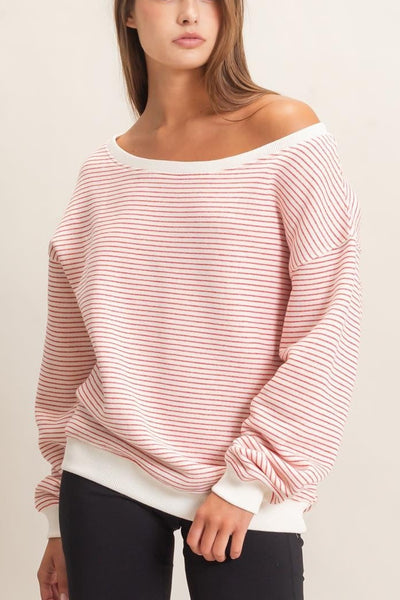 Oversized Stripe Sweatshirt- Red