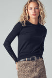 Polished Button Cuff Slim Knit Top: Black