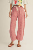 Drawstring Waist Stripe Barrel Pants - Red