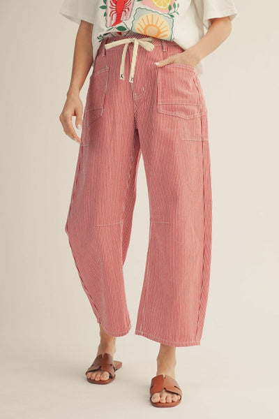 Drawstring Waist Stripe Barrel Pants - Red