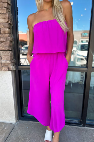 Palm Breeze Strapless Jumpsuit Orchid