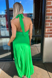 Spring Breeze Halter Pleated Dress Green