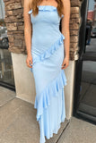 Malibu Blue Ruffle Strapless Maxi Dress
