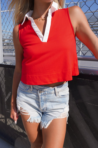 Red & White Sleeveless Collar Top