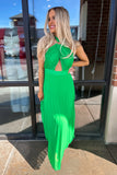 Spring Breeze Halter Pleated Dress Green