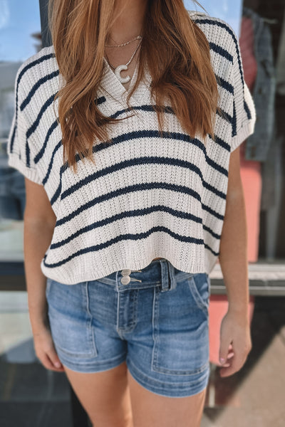 Carli Stripe Collared Top Navy