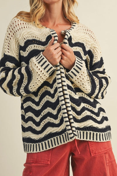 Wave Pattern Sweater Cardigan Navy