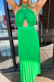 Spring Breeze Halter Pleated Dress Green