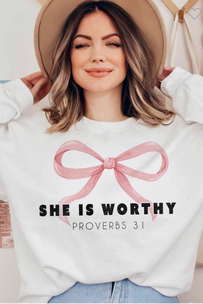 She Is Worth Graphic Sweatshirt White
