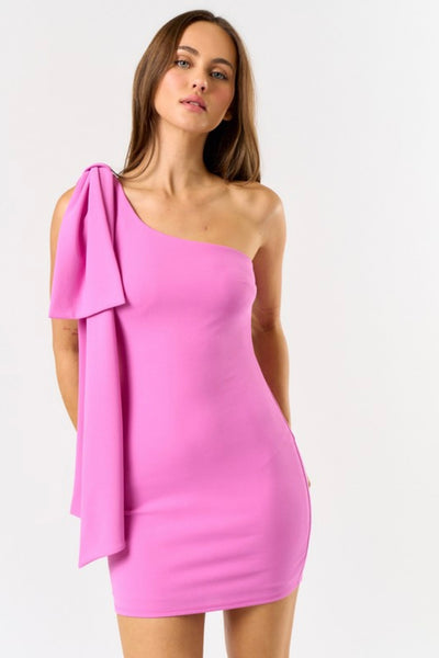 One Shoulder Ribbon Dress- Rose