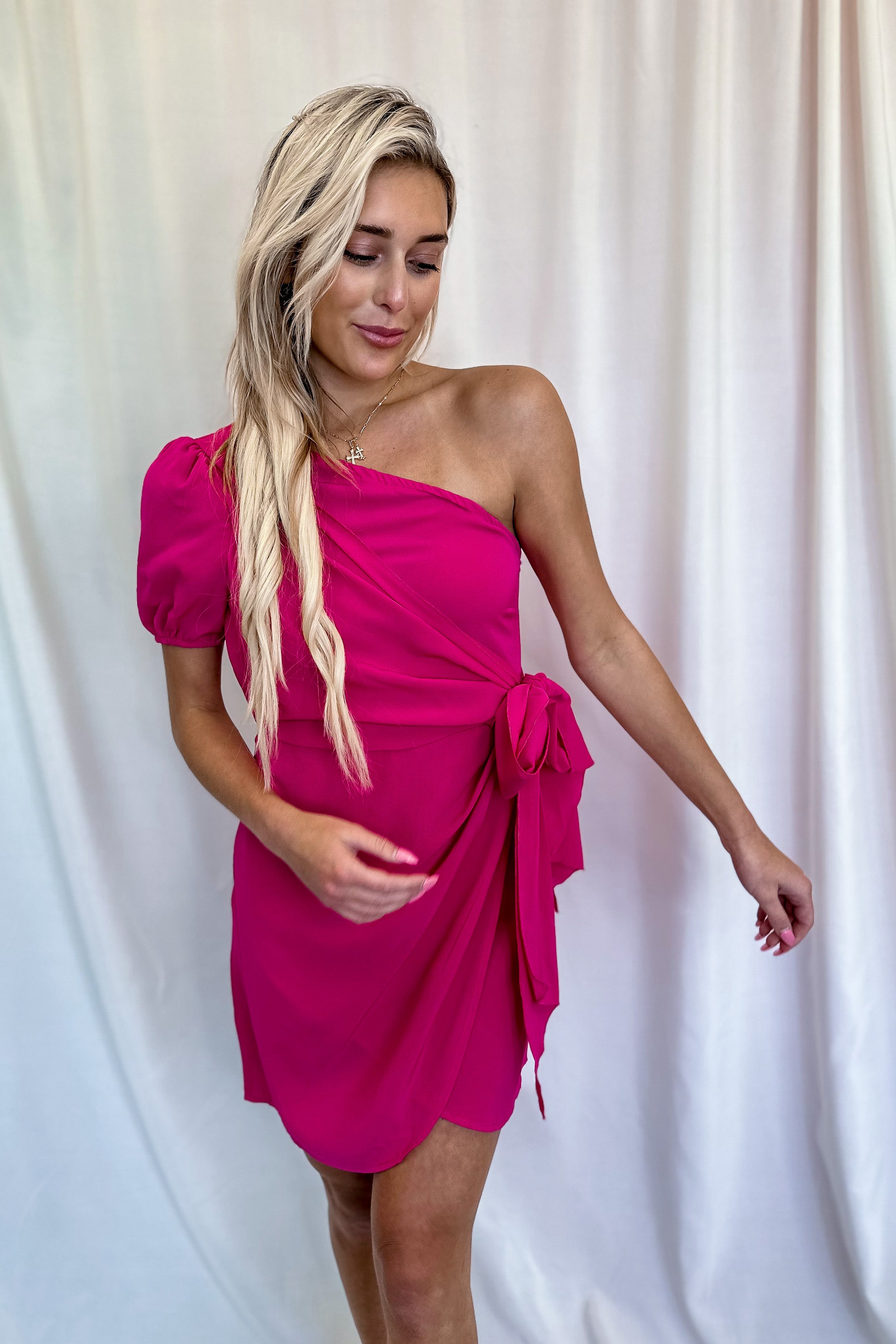 Fuchsia One Shoulder Mini Dress- FINAL SALE Mesh Fuchsia One Shoulder Mini Dress- FINAL SALE Mesh