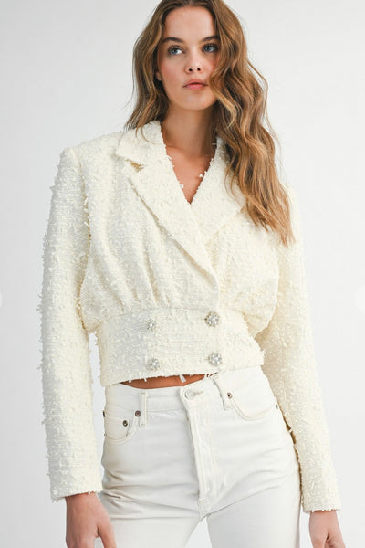 Tweed Collar Cropped Jacket With Rhinestone Button FINAL SALE