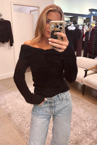 Off Shoulder Twister Detail Fuzzy Sweater Top - Black