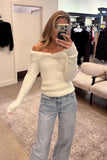 Off Shoulder Twister Detail Fuzzy Sweater Top - Ivory