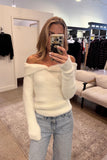 Off Shoulder Twister Detail Fuzzy Sweater Top - Ivory