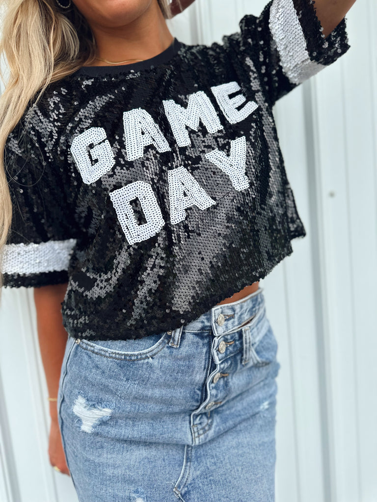 Black "Game Day" Sequin Jersey Top-FINAL SALE