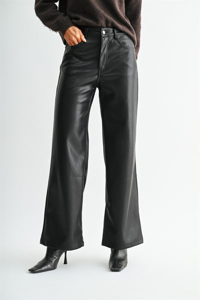 Mica High-rise Wide Leg Faux Leather Pants- Black