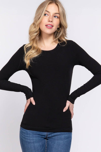 Long Sleeve Crew Neck Knit Top - Black