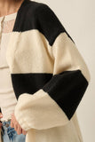 Striped Knit Open-Front Duster Pocket Cardigan: Black-Cream