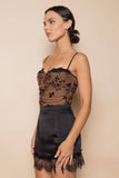 LACE BURN OUT VELVET FLORAL MESH THONG BODYSUIT-  BROWN/BLACK