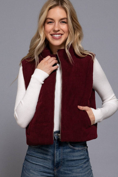 Corduroy Puffer Vest- Wine