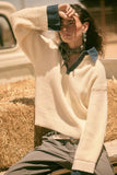 Rib-Knit and Denim Layered-Look Split-neck Collared Sweater: Cream