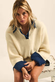 Rib-Knit and Denim Layered-Look Split-neck Collared Sweater: Cream