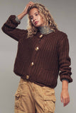 Chunky Gold Button Ribbed Knit Cardigan: Brown