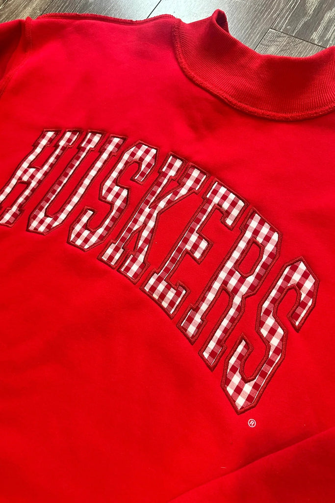 Huskers Gingham Mock Sweatshirt- Red