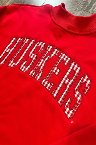 Huskers Gingham Mock Sweatshirt- Red