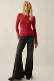 Solid Ribbed Knit Long-Sleeve Lace-Cuff Fitted Top: Red